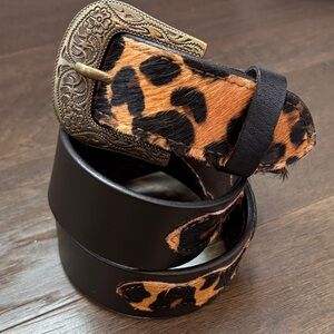 American Bison Genuine Leather,spotted hair hide, removable brass floral buckle